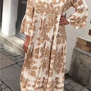 Brown and Cream Smocked Sundress with Bell Sleeves
